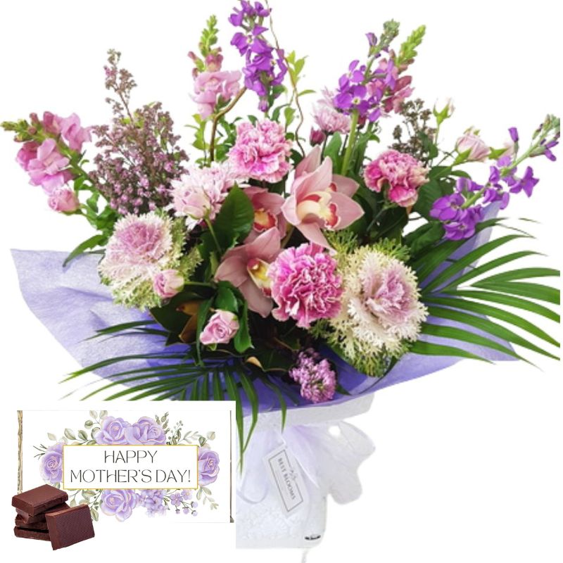 Lilac tones Mothers Day Bouquet and coordinated chocolates for Auckland delivery