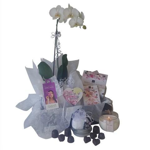 Orchid gift box pamper hamper - white orchid, candle chocolates, gift wooden heart.