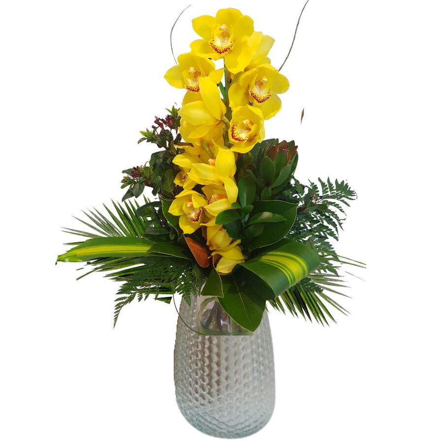 Cymbidium orchid glass vase arrangement with foliage