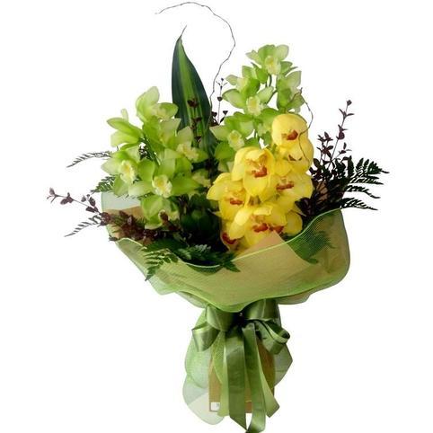 yellow and green, cymbidium orchid bouquet