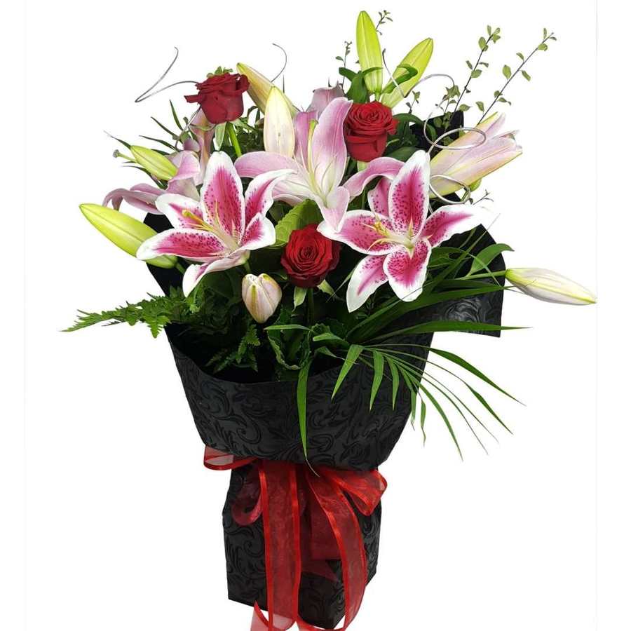 Vox Bouquet of Red Roses and Pink Lilies