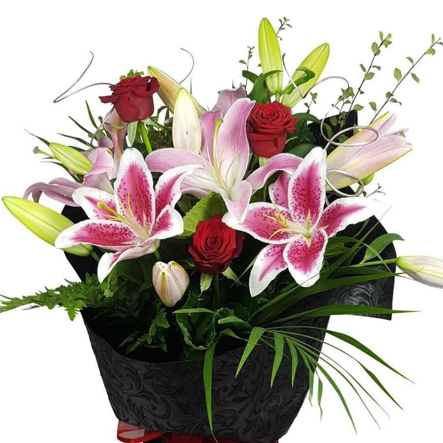Pink Lily and Red Rose Bouquet wrapped in Black Embossed Paper