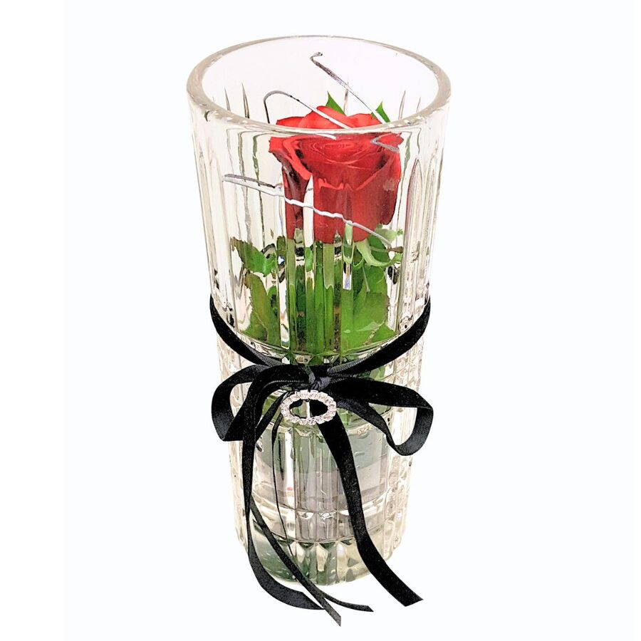 close up showing unique Best Blooms glamorous single red rose vase with black velvet ribbon