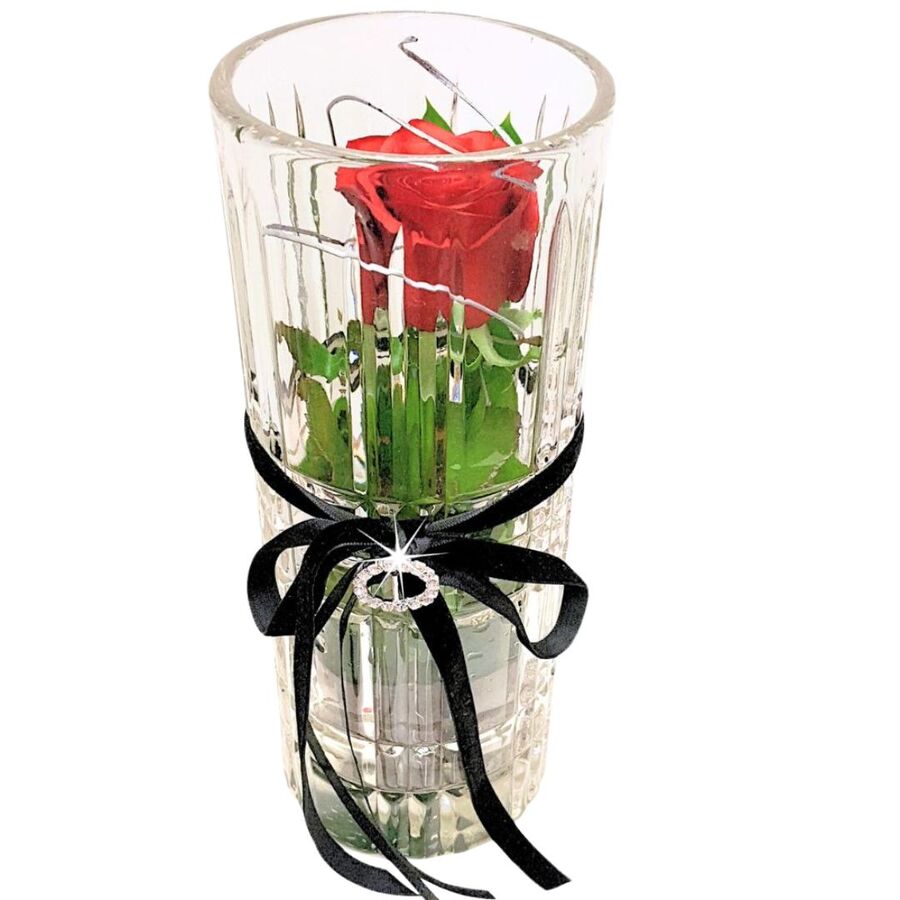 Upgraded Single Red Rose presented in cut glass vase with black velvet ribbon and diamante brooch