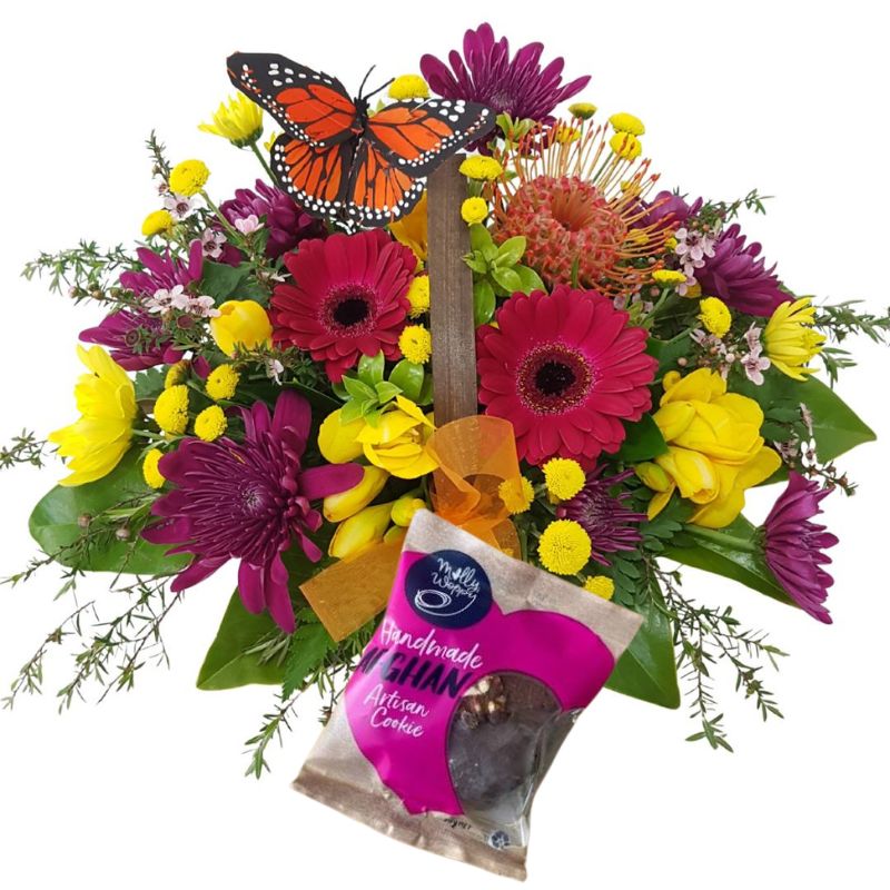 Cheerful Floral Basket with Butterfly  – Weekly Flowers Special Best Blooms Auckland, Cheerful Butterfly Basket