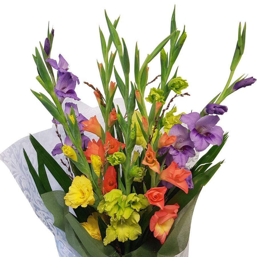 summer gladioli flowers in a white wrapped bouquet