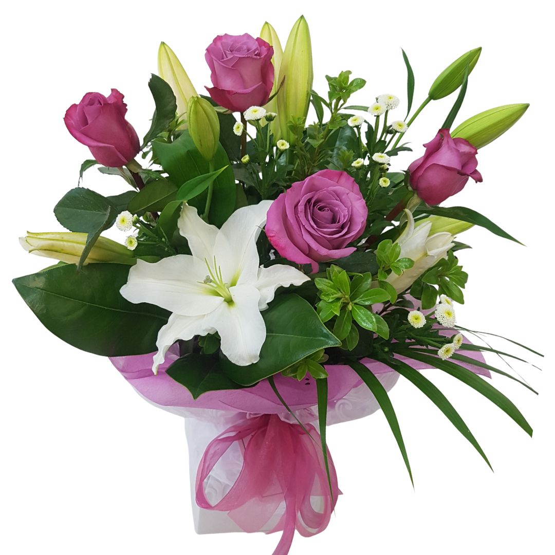 Sweetheart lily and rose bouquet in soft pink and mauve tones