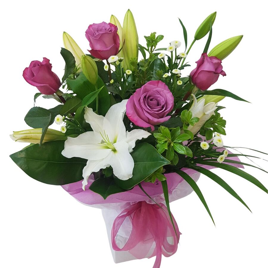 Sweetheart Bouquet Pink lilies and mauve roses in a romantic sweetheart bouquet