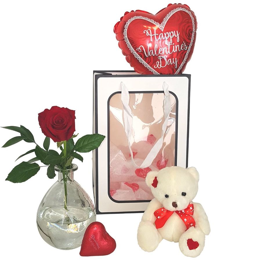 Valentine's Day Gift Box Teddy, Red Rose, Chocolate heart, Balloon