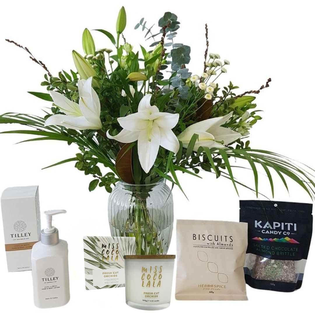 White Lily Candle Gift Box with fresh white lilies in a glass vase