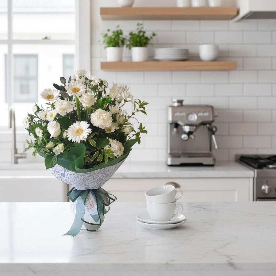 White Peace Bouquet in styled scene on kitchen counter.