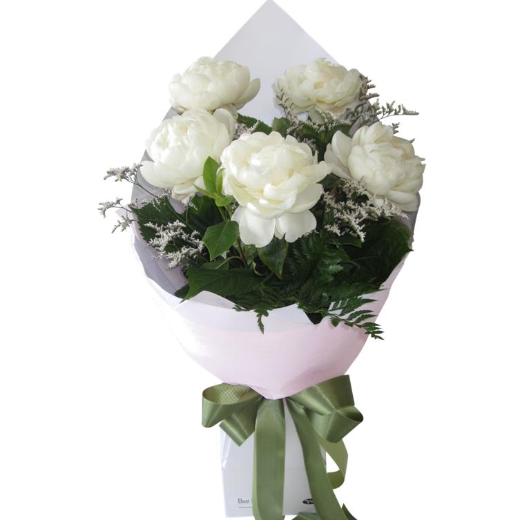 5 White Peonies Wrapped in White