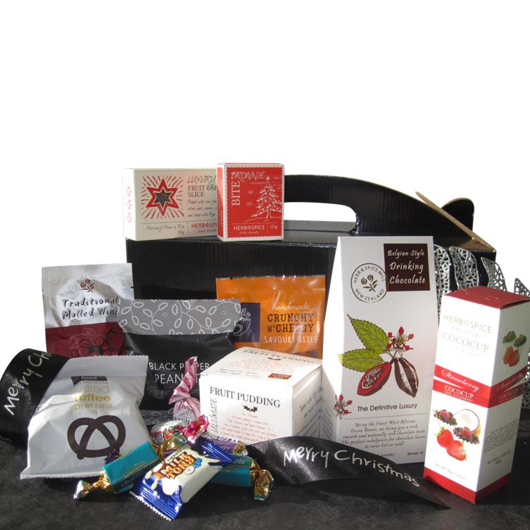 Merry Christmas Gift Box Auckland goodies in black hamper box