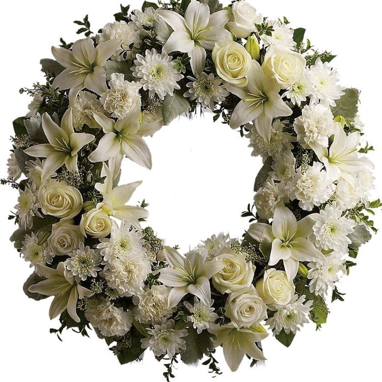 white funeral wreath of mixed white flowers